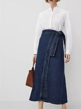 Ann Taylor Tie Wrap-Front Maxi Denim Skirt Vintage Dark Wash A-Line Size 8